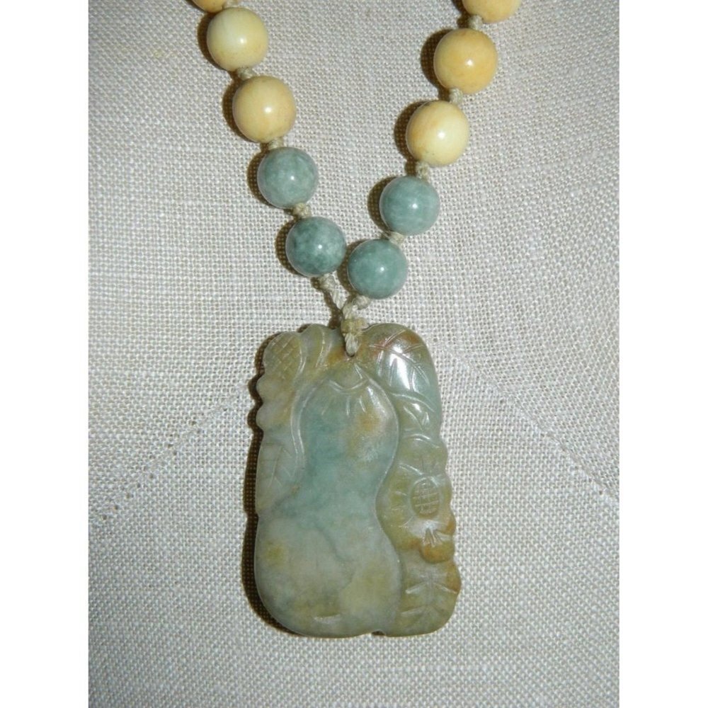 Antique Sterling Silver Apple Jade Ivory Bead Carved Pear Acorn Necklace